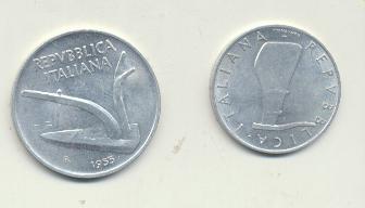 Italia. 5 liras 1954 y 10 liras 1955. KM 92 y 93