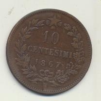 Italia. AE-30. Victor Manuel II. 10 centesimi 1867 M