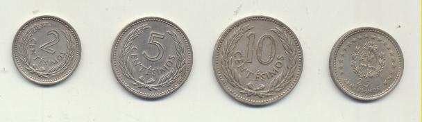 Uruguay. Lote de 4 monedas. 2, 5, 10 Centésimos 1953 y 25 Centésimos 1960