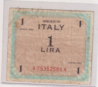 italia . Billete de 1 lira series 1943. ocupación de EE.UU. en la segunda guerra mundial.