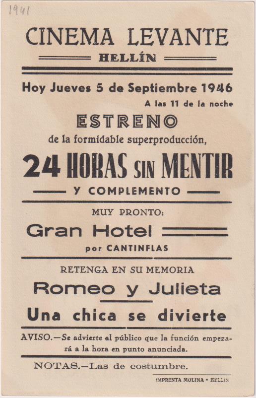 24 Horas sin mentir. Sencillo de CEA. Cinema Levante - Hellín, 1946. ¡IMPECABLE!