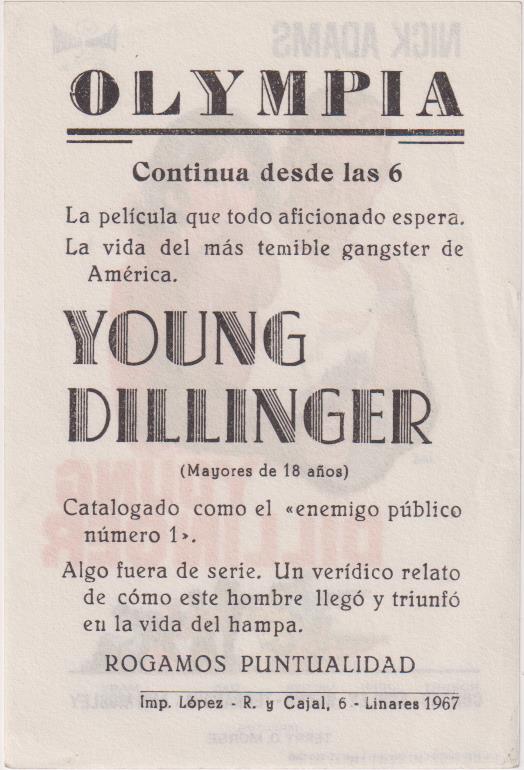 Young Dillinger. Sencillo de Floralva. Cine Olympia - Linares. ¡IMPECABLE!