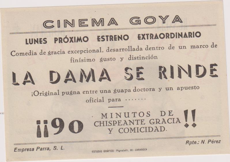 La Dama se rinde. Sencillo de Columbia. Cinema Goya - Zaragoza ¡IMPECABLE!