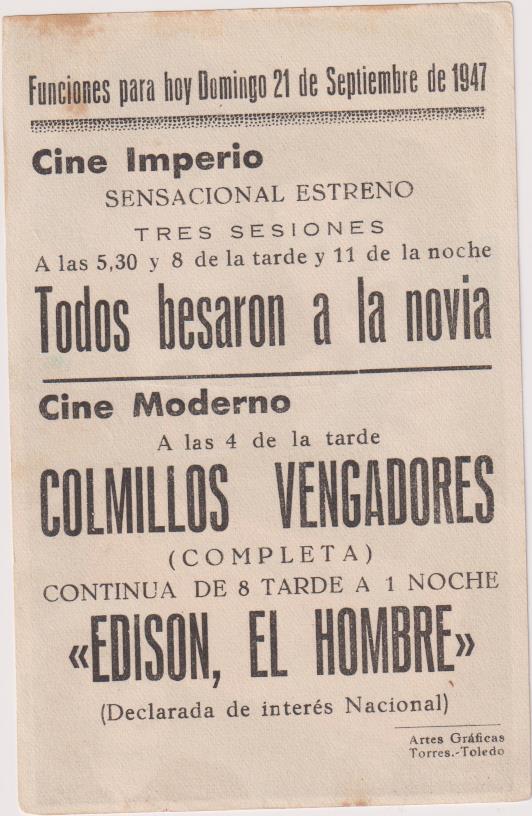 Todos Besaron a la novia. Sencillo de Columbia. Cine Imperio, Toledo, 1947