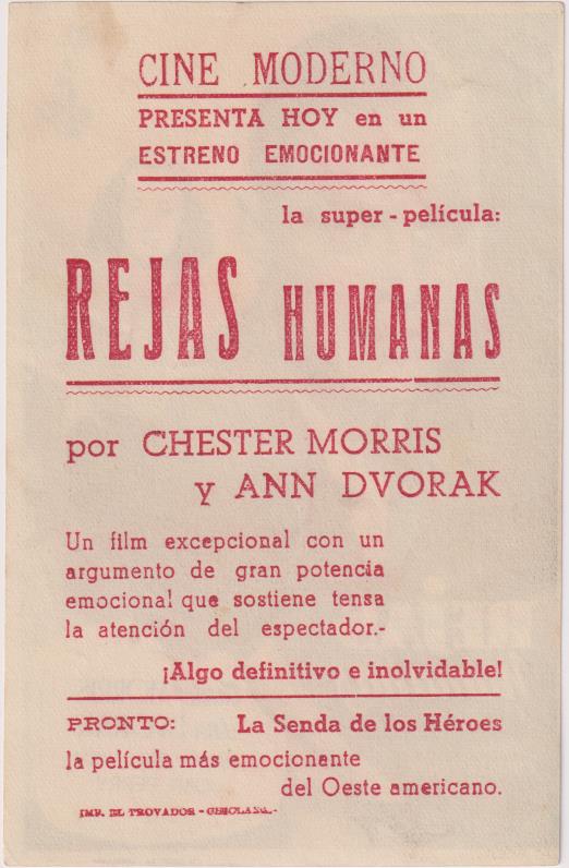 Rejas Humanas. Sencillo de Columbia. Cine Moderno, Chiclana