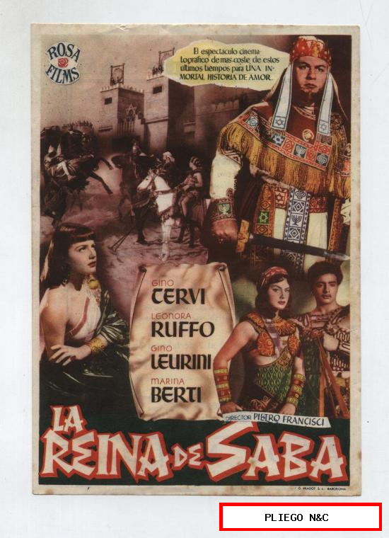La Reina de Saba. Sencillo grande de Rosa Films. Cines Teatro principal y L Rambla 1954