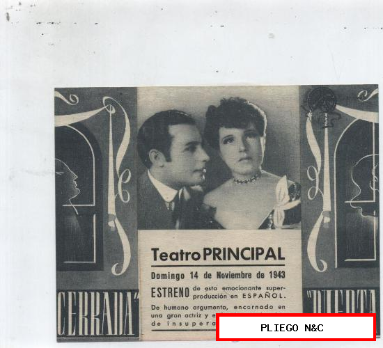 Puerta cerrada. Doble troquelado de Floralva. Teatro Principal 1943