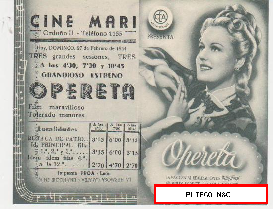Opereta. Doble de CEA. Cine Mari-León 1944. ¡IMPECABLE!