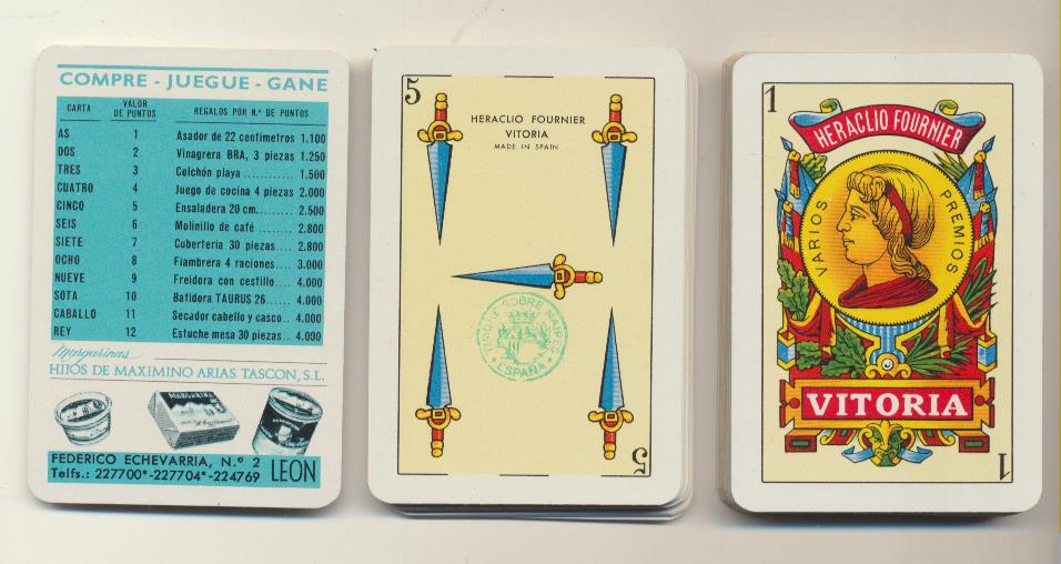 Baraja Española. 48 cartas (7x4,7) Heraclio Fournier nº 101. Año 1962. Publicidad de Hijos de Maximino Arias Tascón. SIN USAR. MUY ESCASA