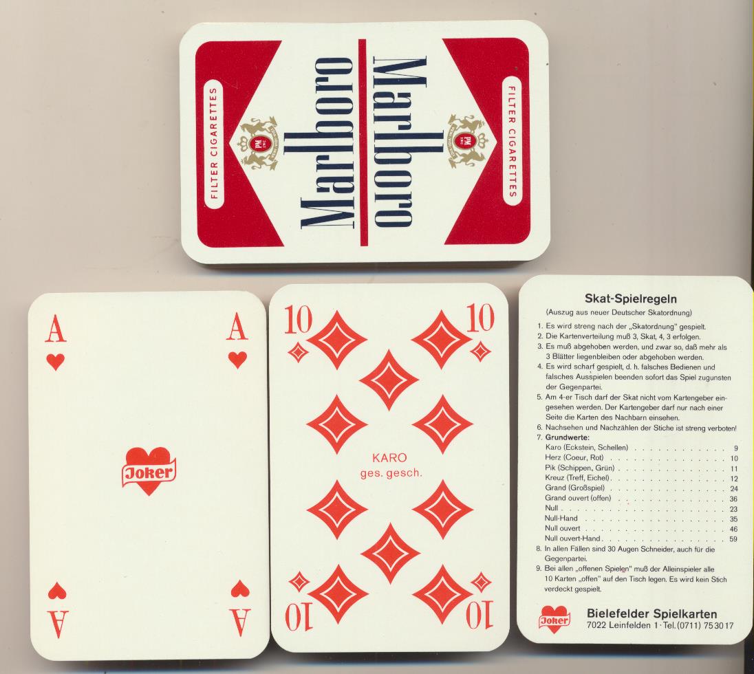 Baraja Skat. 32 cartas + carta de representación. Publicidad Marlboro. Bielefelder Spielkarten. SIN USAR