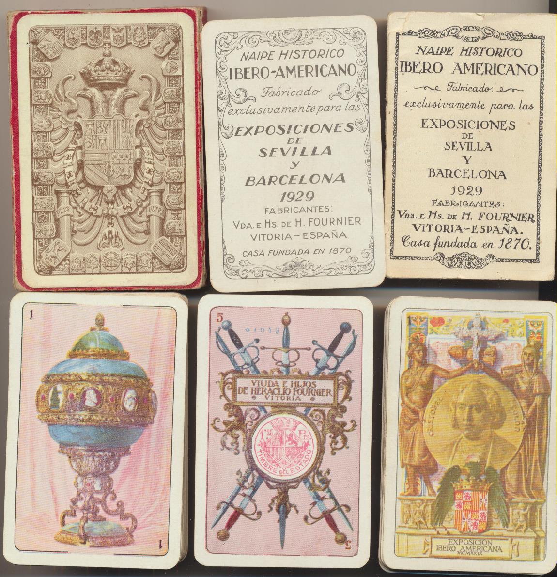 Baraja Exposiciones de Sevilla y Barcelona 1929. Timbre de 1, 25. 41 cartas + librito. Heraclio Fournier