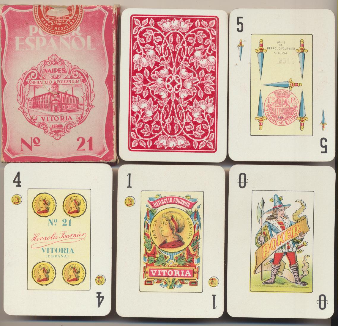 Baraja Póker Español. 40 cartas + comodín. Heraclio Fournier nº 21. Timbre del Estado 1,25