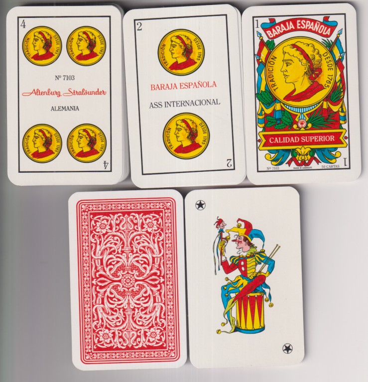 Baraja Española. Tradición desde 1765. Ass Internacional nº 7103. Altemburg Stralsunder. Alemania. 40 cartas. Sin usar. Abierta para catalogar