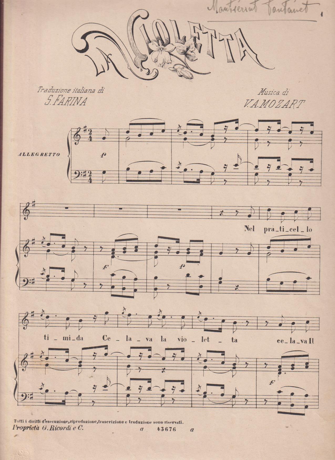 La Violetta. Música di V. A. Mozart. Firma de Montserrat Fontanet. Última Hoja, Besos de maja