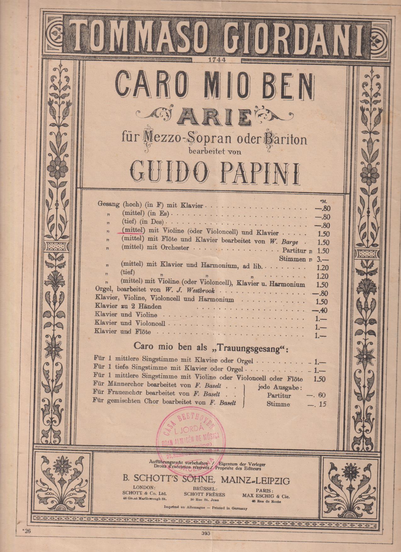 Tommaso Giordani. Caro Mio Ben. Aria. Editado por Guido Papini. Leipzig