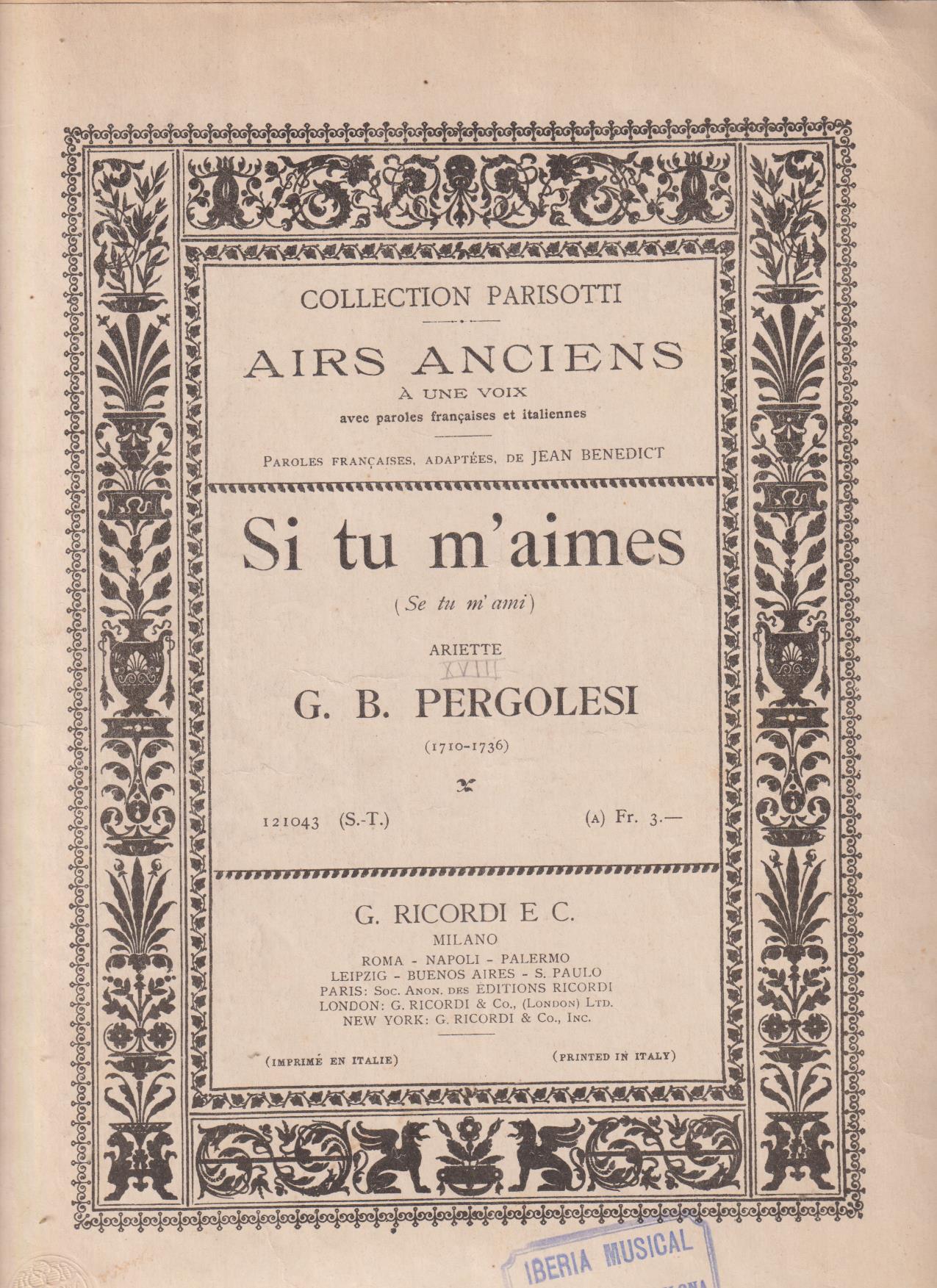 Si tu m´aimes, ariette per G.B. Pergolesi (32x23) 4 páginas. Firma de Montserrat Fontanet en primera pagina
