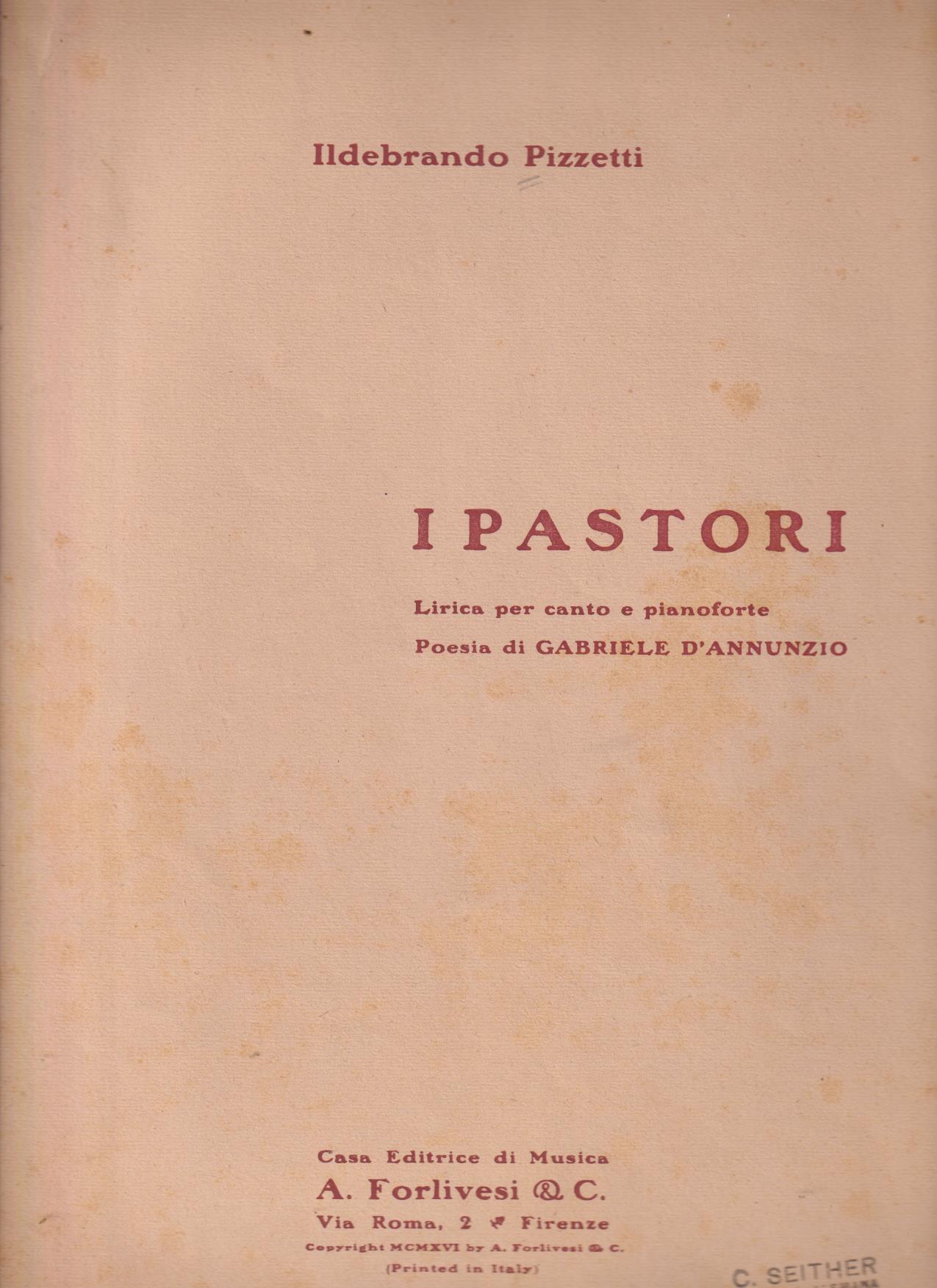 Ildebrando Pizzetti. I pastori. Poesía di G. D´Annunzio (33x25) 11 páginas + poesía de D´Annunzio