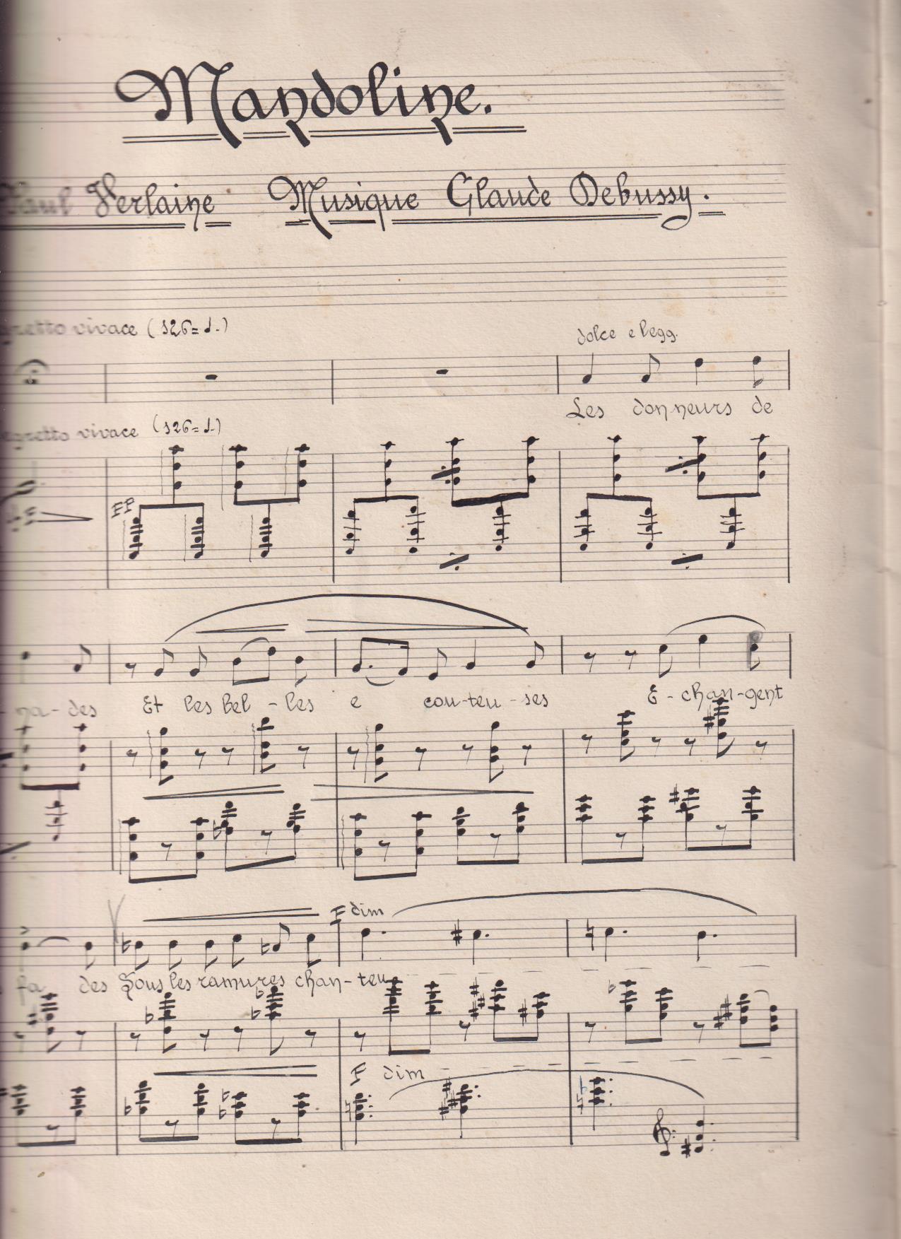 Mandoline. Poesie Paul Verlaine, Musique de G. Debussy. Manuscrita (31x27) 5 páginas