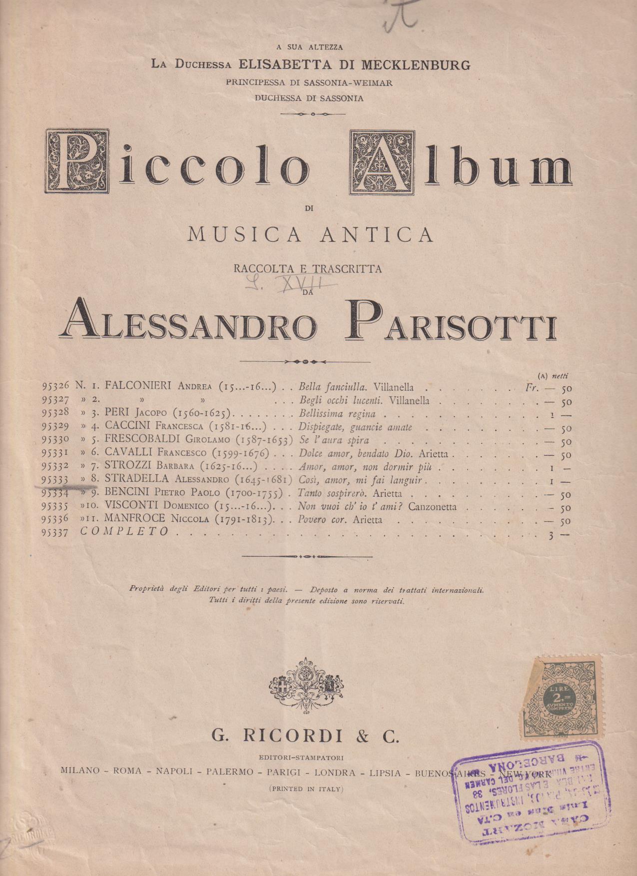 Piccolo Álbum de Música Antica. da Alessandro Parisotti (32x23) 4 hojas de partituras