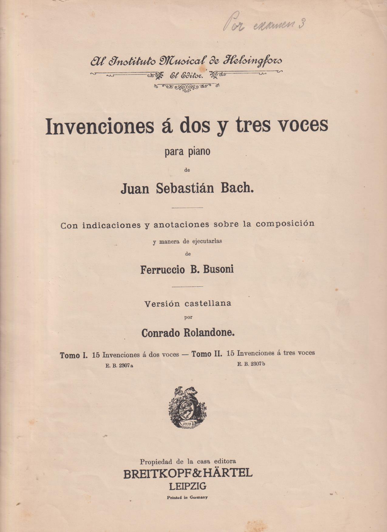 Invenciones á dos y tres voces para piano de J. Sebastián Bach (31x23) 15 hojas. firma de Montserrat Fontanet