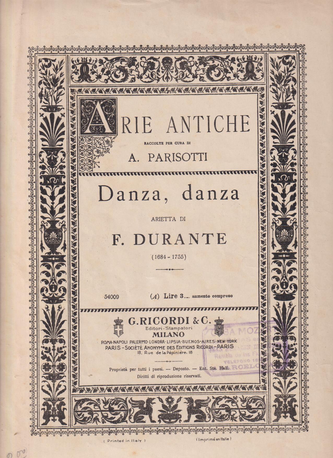 Arie Antiche. A. Parisoti. Danza, danza, Arieta de F. Durante (32x23) 4 hojas. Firma de Montserrat Fontanet en primera página