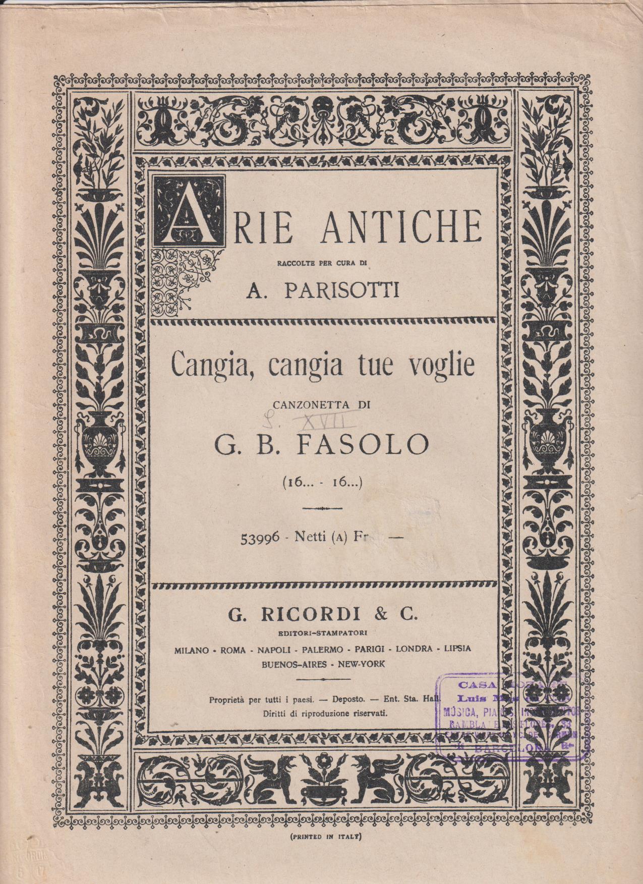 Arie Antiche. A. Parisoti. Cangia, cangia tue voglie di G.B. Fasolo (32x23) 5 páginas