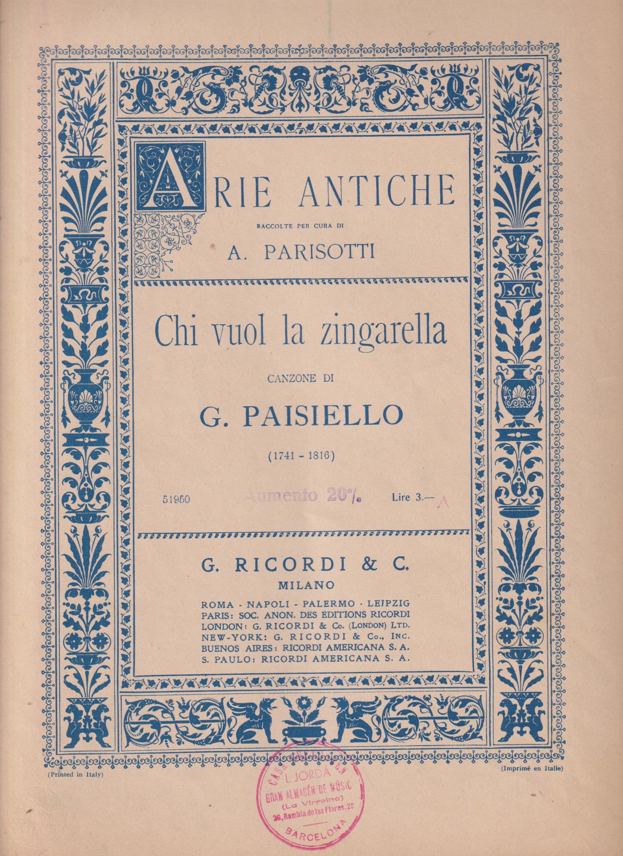 Arie Antiche. A. Parisotti. Chi vuol la zingarella di G. Paisiello (32x23) 4 páginas